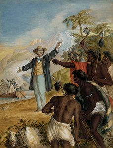 Ein schottischer Missionar, der an Land kommt und von kriegerischen Maoris konfrontiert wird, 1868