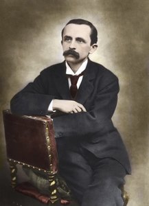 Porträt von J.M. Barrie, fotografiert von Barraud im Jahr 1893 - James Matthew Barrie (1860-1937), schottischer Schriftsteller, Schöpfer von Peter Pan - Farbige Fotografie.