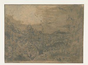 Felsige Landschaft mit einem Mann, der nach rechts geht, erste Version