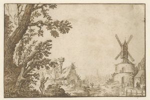 Landschaft mit einer Mühle auf einem Bollwerk