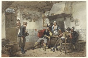 Einige Männer und ein Soldat in einer Herberge
