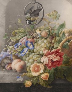 Blumenstillleben, Früchte, eine Kohlmeise und eine Maus