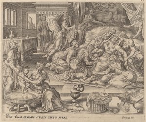 Die Geburt von Perez und Serach von Herman Jansz Muller after Maerten van Heemskerck