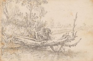 Ein umgestürzter Baum an einem Wasserufer von Herman Saftleven