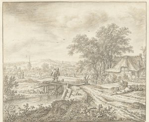 Hügellandschaft mit einem Bauernhof bei einer Brücke von Herman Saftleven