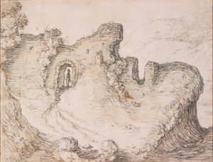 Felsige Landschaft mit Ruinen, die das Profil eines Männergesichts bilden, ca. 1650