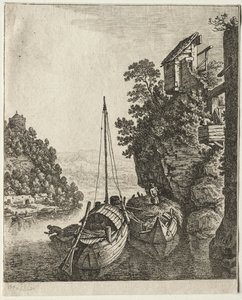 Zwei Boote unter einem Felsen vertäut von Herman Saftleven