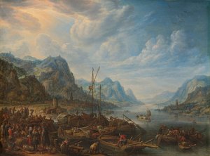 Ansicht eines Flusses mit Bootsanlegern von Herman Saftleven
