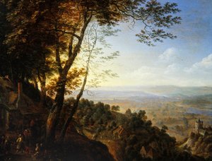 Waldlandschaft mit Bauern bei einer Hütte von Herman the Younger Saftleven