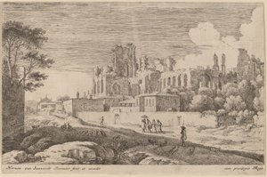 Landschaft mit Ruinen und einer Frau mit Sonnenschirm von Herman van Swanevelt