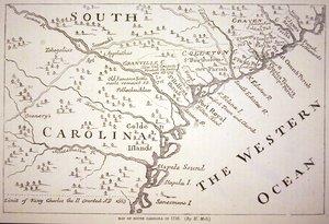 Karte von South Carolina im Jahr 1730 von Hermann (after) Moll