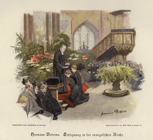 Konfirmationsgottesdienst in einer evangelischen Kirche (farbige Gravur) von Hermann Behrens