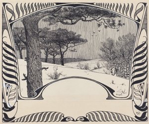 Eine Winterlandschaft innerhalb eines Jugendstilrahmens von Hermann Hirzel