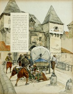 Überraschung von Amiens. Die Spanier benutzten einen Trick, um die Stadt Amiens am 11. März 1597 einzunehmen, indem sie das Fallgitter mit einem Wagen blockierten. Illustration, 1907, von Hermann Vogel