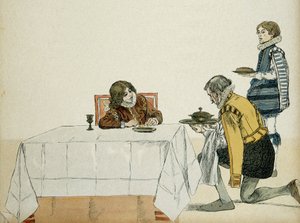 Der junge Ludwig XIII. (1601-1643), noch nicht König, wird von seinem Gouverneur nach dem Tod seines Vaters Heinrich IV. (1553-1610) bedient. Illustration