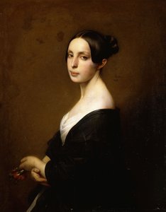 Porträt einer Dame, Halbfigur, in einem schwarzen Kleid und eine Nelke haltend