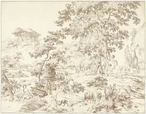 Arkadische Landschaft mit badender Frau von Hermanus Fock