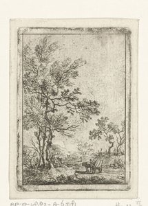 Landschaft mit hohen Bäumen und Pferd und Wagen