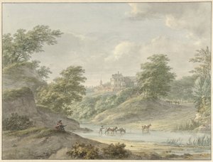 Landschaft mit sitzendem Zeichner und Schloss am Wasser