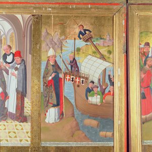 Der heilige Nikolaus rettet ein Schiff, vom Hochaltar der St. Nikolaus Kirche, 1481 (Detail) von Hermen Rode