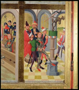 Der heilige Viktor von Marseille zerstört das heidnische Idol, vom Hochaltar der St. Nikolaus Kirche, 1481 (Detail) von Hermen Rode