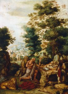 St. Hieronymus in einer Landschaft, ca. 1530-1550 von Herri met de Bles