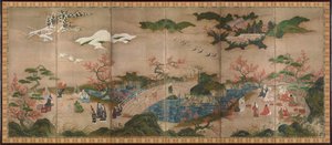 Die Zuschauer der Ahornbäume - Sechsteiliges Paravent - Werk von Kano Hideyori (aktiv 1565-1576), Aquarell und Tinte auf Papier - Japanische Kunst von Hideyori Kano