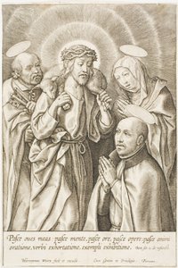 Ignatius von Loyola kniet vor Christus, der Jungfrau und St. Peter