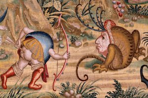 Serie Vier Wandteppiche nach Hieronymus Bosch. Heiliger Antonius im Gebet. Zweiter Wandteppich der Serie. Modell inspiriert von Hieronymus Bosch. Unbekannte Werkstatt, Brüssel. Vor 1560.