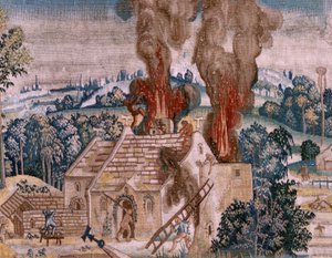 Flämischer Wandteppich. Serie Vier Wandteppiche nach Hieronymus Bosch. Der heilige Antonius im Gebet. Zweiter Wandteppich der Serie. Modell Inspiriert von der Arbeit von Hieronymus Bosch. Herstellung Unbekannte Werkstatt, Brüssel. Vor 1560. Stoff Gold