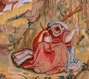 Flämischer Wandteppich. Serie Vier Wandteppiche nach Hieronymus Bosch. Der heilige Antonius im Gebet. Zweiter Wandteppich der Serie. Modell Inspiriert von der Arbeit von Hieronymus Bosch. Herstellung Unbekannte Werkstatt, Brüssel. Vor 1560. Stoff Gold