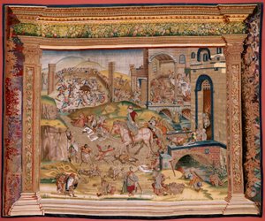 Flämischer Wandteppich. Serie Vier Wandteppiche nach Hieronymus Bosch. Heiliger Martin. Erster Wandteppich in der Serie. Modell Inspiriert von den Werken von Hieronymus Bosch. Herstellung Unbekannte Werkstatt, Brüssel. Vor 1560. Stoff Gold, Silber, Seide u von Hieronymus (after) Bosch