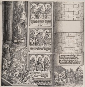 Maximilian als Architekt, mit einer Statue des Heiligen Leopold und Büsten von Maximilians Vorfahren, 1517-1518 von Hieronymus Andreae
