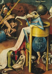 Der Garten der Lüste: Hölle, rechte Flügel des Triptychons, Detail des blauen Vogelmanns auf einem Hocker, ca. 1500 (Detail) von Hieronymus Bosch