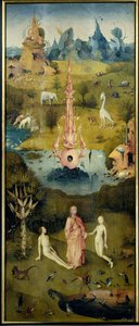 Das Paradies, Die Erschaffung von Adam und Eva (linkes Panel des Gartens der Lüste) von Hieronymus Bosch