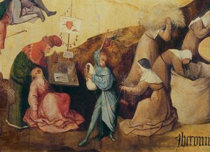 Der Zahnzieher, der Dudelsackspieler und die Holzsammler, Detail des zentralen Panels des Heuwagen-Triptychons, um 1515 (Detail) von Hieronymus Bosch