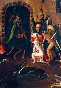 Triptychon des Jüngsten Gerichts, rechte Tafel. Die Hölle mit halb Mensch, halb Tier Monstern. Detail (Gemälde auf Holz, ca. 1504)
