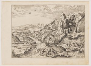 Abraham und Isaak auf dem Weg zum Opfer, aus Landschaften mit biblischen und mythologischen Szenen von Hieronymus Cock