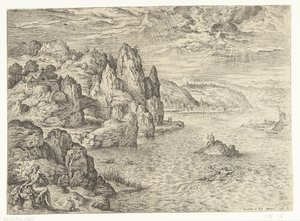 Küstenlandschaft mit Hero und Leander (Landschaften mit biblischen und mythologischen Szenen) von Hieronymus Cock