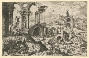 Der heilige Hieronymus in einer Ruinenlandschaft von Hieronymus Cock