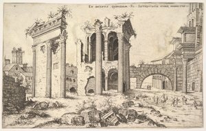 Ansicht unbekannter Ruinen mit trabeierter Fassade links, Arkaden in der Mitte und Bogen, 1551