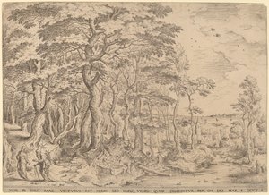Landschaft mit der Versuchung Christi von Hieronymus Cock after Pieter Bruegel the Elder