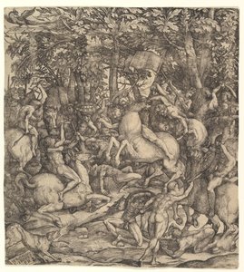 Schlacht zwischen Kavallerie und Infanterie in einem Wald von Hieronymus Hopfer