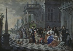 Figuren, die vor einem Palast Musik machen, 1672 von Hieronymus Janssens