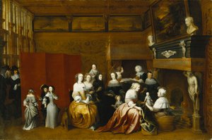 Damen feiern die Geburt eines Kindes, und Herren schauen hinter einem Schirm zu, in einem Innenraum von Hieronymus Janssens