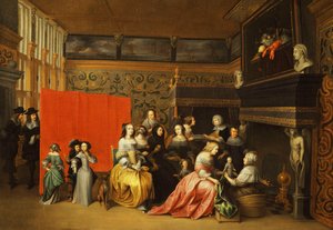 Damen feiern die Geburt eines Kindes in einem eleganten Boudoir von Hieronymus Janssens