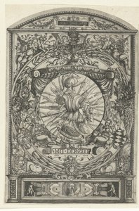 Medaillon mit Waffentrophäe in ornamentaler Umrahmung