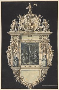 Entwurf für ein Epitaph mit der Kreuzigung Christi. Ein reich verzierter Rahmen mit zahlreichen Figuren