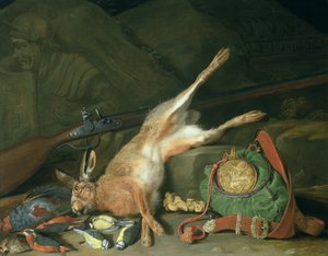 Stillleben eines Hasen mit Jagdausrüstung