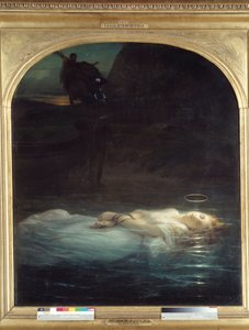 Der junge Märtyrer. Der Leichnam eines jungen christlichen Märtyrers mit Heiligenschein schwebt auf einem Gewässer. Gemälde von Paul Delaroche (1797-1856) 1855
